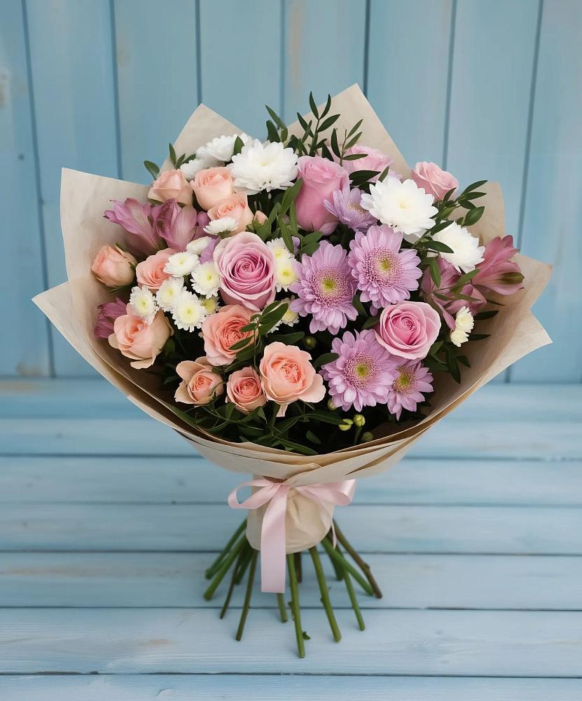 Букет цветов из: Хризантемы, Розы и Альстромерии в Луховке