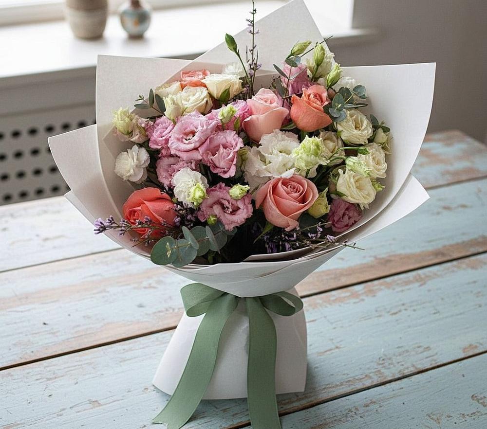 Букет цветов из: Розы, Лизиантусы и Гвоздики в Луховке