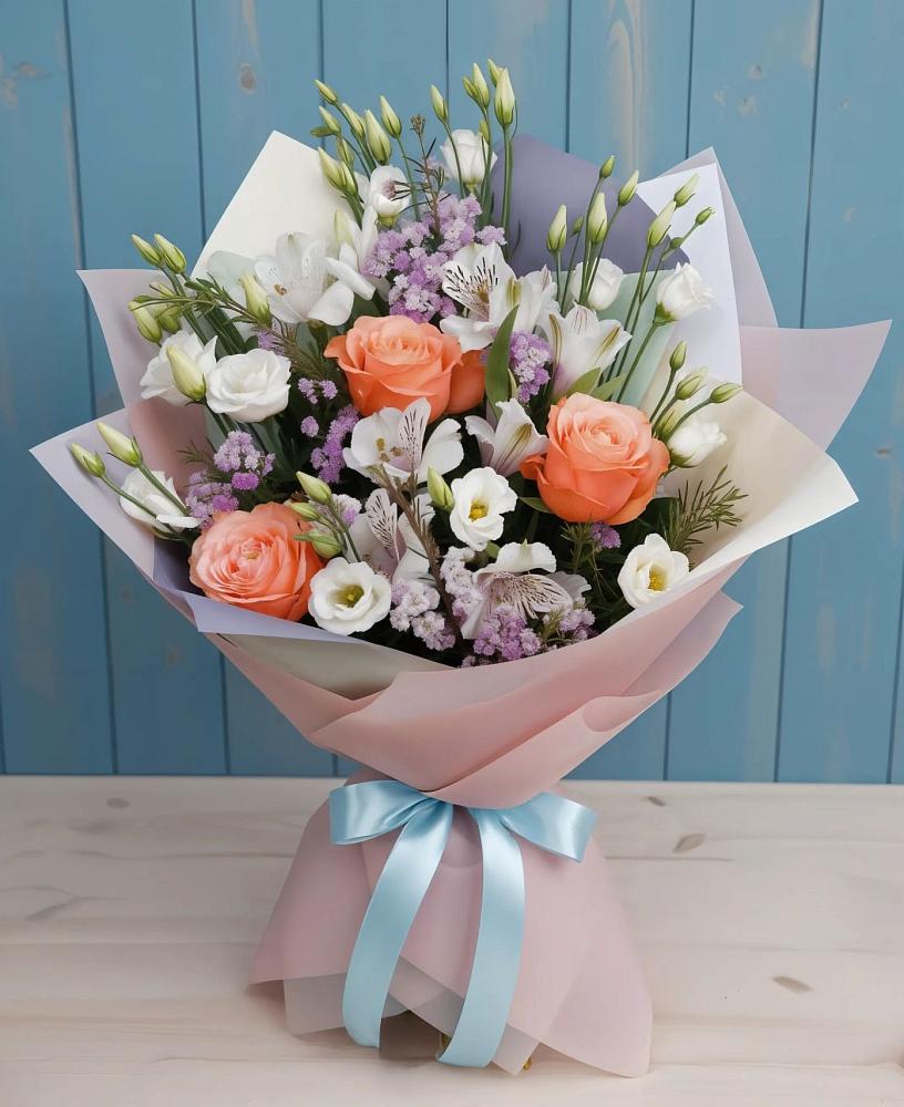 Букет цветов из: Лизиантусы, Розы, Альстромерии и Гипсофила в Луховке