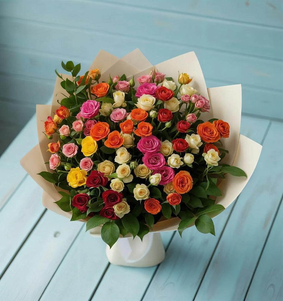 Букет Микс из разноцветных кустовых роз в Луховке