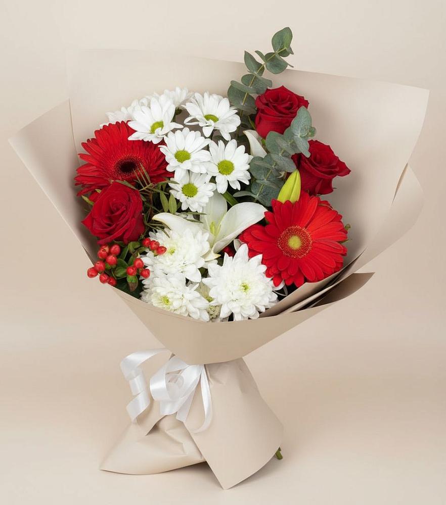 Букет цветов из: Розы, Хризантемы, Герберы и Лилии в Луховке