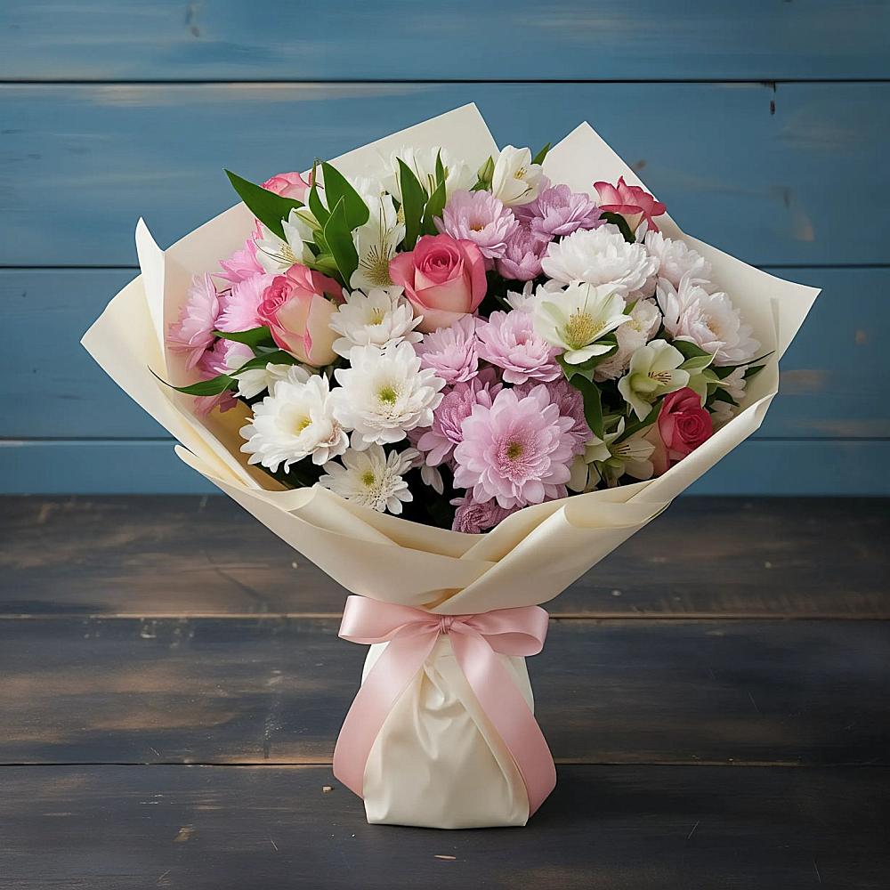 Букет цветов из: Хризантемы, Альстромерии и Розы в Луховке